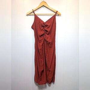 Nine West Slip Dress‎ Midi Rust Red Size Large Ruched Spaghetti Strap